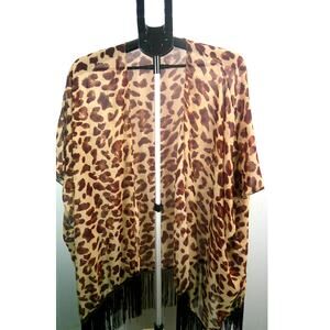 Soul Young Sheer Leopard Kimono with Fringe One Size